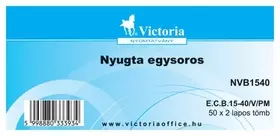 Termék neve:   	 * Nyugta (egysoros) 50x2 lapos tömb (Gyártva: 2007. január 1. után) Rendelési kód: 	NVB1540 Katalógus kód: 	20C Csomagolási egység: 	garn(50) Márka: 	VICTORIA Leírás: 	 - szigorú számadású nyomtatvány Ár (nettó): 	 90 HUF